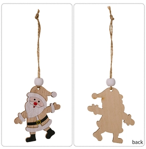 Front and back view of a wooden Santa Claus Christmas ornament with a hanging jute rope