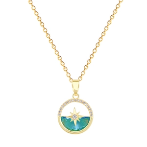 Elegant gold titanium steel necklace with a blue starburst pendant and sparkling crystals