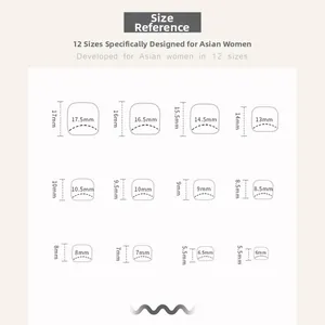 Size guide for press-on toenails showing 12 different dimensions for a perfect fit