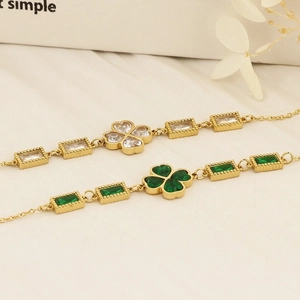 Elegant gold stainless steel clover bracelets with green and clear zircon crystals