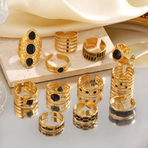Bohemian Vintage Ring 18K Gold Plated Stainless Steel Black Enamel Drip Oil Geometric Hip Hop Fashion Jewelry For Women