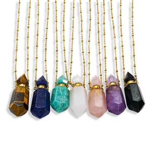 Hexagonal natural stone perfume bottle necklaces in seven colors with 14K gold bead chain