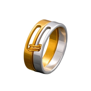 Minimalist double layer cutout stainless steel ring in two-tone gold and silver finish
