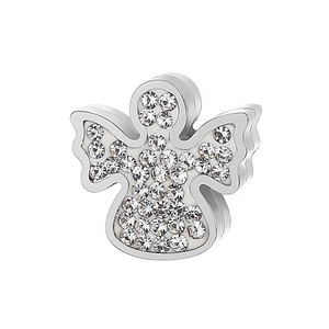 Macro shot of silver angel wing pendant with sparkling crystals on white background
