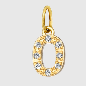Detailed view of a gold-plated letter O pendant encrusted with sparkling zircon stones