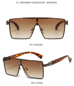 Detailed front and side views of brown gradient square sunglasses with tortoiseshell temples