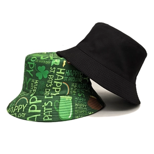 Black and St. Patrick's Day printed bucket hats with green clover and rainbow patterns