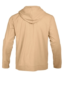 Back view of khaki cotton linen hooded shirt with long sleeves and natural texture