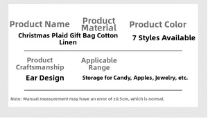 Detailed parameter chart for Christmas plaid cotton linen gift bags with drawstring closure