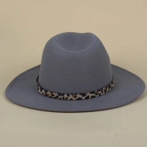 Detail of grey wide brim fedora hat with a leopard print belt buckle band