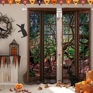 Detail of 3D Halloween curtain with sunset forest landscape and woodland scenery view