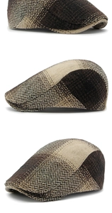 Three angles of a vintage patchwork newsboy cap in brown tweed and herringbone pattern