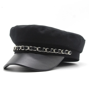 Newsboy Cap PU Leather Brim Metal Chain Decor Flat Top Military Hat Cotton Polyester Blend Casual Adjustable