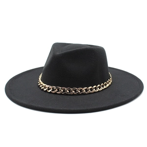 Polyester Woolen Felt Fedora Hat Wide Brim Jazz Cap With Gold Metal Chain Elegant Modern Winter Fashion For Women Men