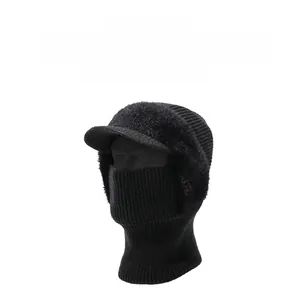 Detail view of winter knitted hooded mask with fleece lining and integrated ear protection