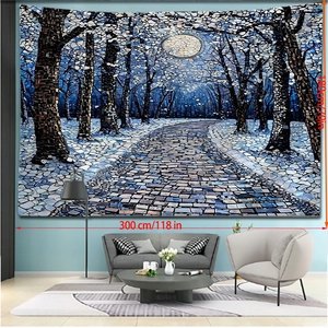 Detail showing 300x180cm forest tapestry with moonlit mosaic landscape in a living room