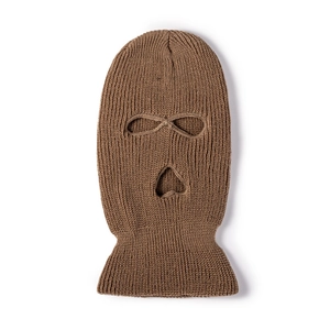 Winter thermal ribbed knit balaclava in brown with three-hole design for outdoor skiing
