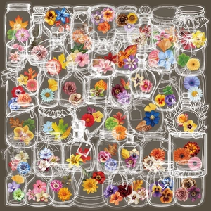 Waterproof PET Transparent Flower In Bottle Stickers Vintage Botanical Floral Decals For Scrapbooking Journal Notebook DIY