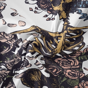 Macro shot of skull and rose pattern on soft bohemian fabric with detailed texture