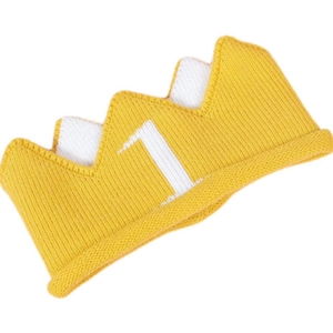 Yellow knitted crown party hat with white number one for infant first birthday photography