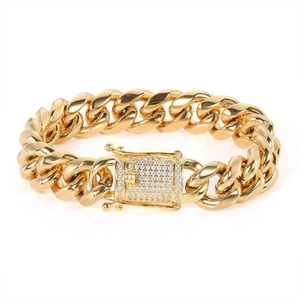 Macro shot of 12mm gold-plated Cuban link chain with a micro-paved diamond box clasp