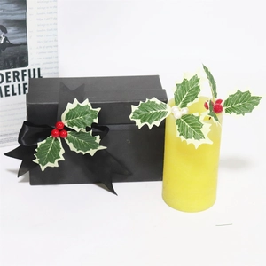 Artificial Christmas holly leaves with red berries and white pearls for gift box decor