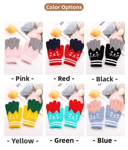 Six colors of winter knitted cat gloves for kids with stripe cuffs and warm lining
