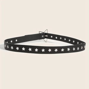 Ceinture punk en cuir noir ornée de rivets étoiles en métal argenté et boucle ardillon