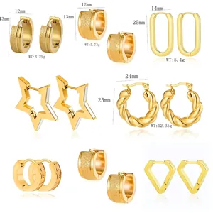 Various styles of gold stainless steel hoop and geometric earrings set for women