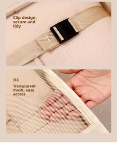Detailed view of beige travel organizer with secure buckle design and visible mesh layer