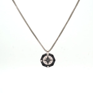 Polished silver stainless steel compass star octagonal pendant on box chain necklace