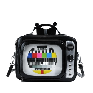 Creative retro TV shaped black PU leather handbag with colorful signal pattern