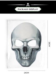 Detailed view of Halloween skull mask packaging with 28cm x 24cm size specifications