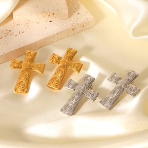 Vintage stainless steel cross earrings with spiral texture in gold and silver finish