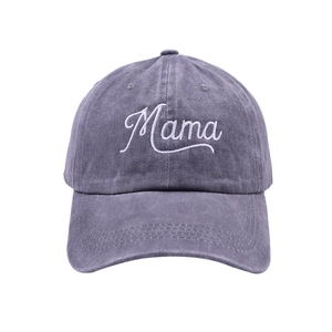 Detailed embroidery of cursive Mama text on a vintage washed cotton baseball cap