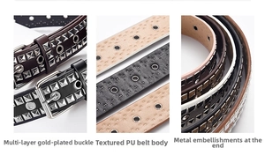 Detail view of punk PU leather belt featuring square metal studs and eyelet textures