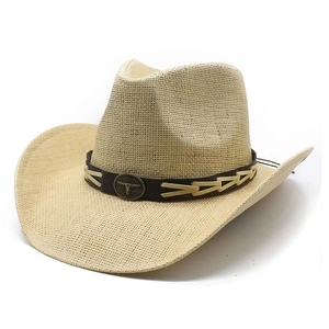 Classic Western cowboy straw hat with bull head metal concho and leather band decoration