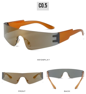Three-angle view of rimless punk sunglasses with orange temples and gradient lenses