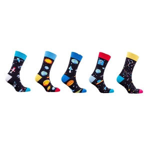 Five-pack of space-themed crew socks featuring colorful rockets, planets and star patterns