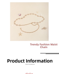 Detail of gold rhinestone metal waist chain with starfish and shell beach decor