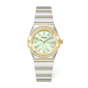 Women's luxury steel watch with mint green dial and crystal-set bezel in gold-silver finish
