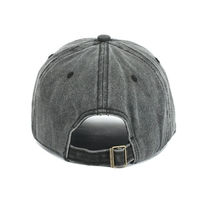 Classic dark grey washed denim baseball cap with vintage metal buckle adjustment back view