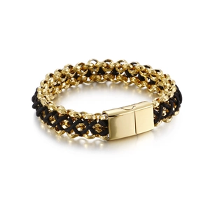 Bracelet En Cuir Tressé Pour Hommes Chaîne En Acier Inoxydable Boucle Magnétique Bijoux Punk Géométriques Tendance