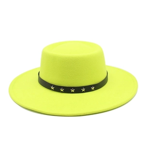 Neon yellow wool fedora hat with black leather band and silver star metal rivets