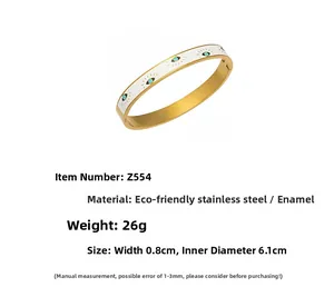 Detailed specs of 18k gold plated evil eye bangle with white enamel and size 6.1cm