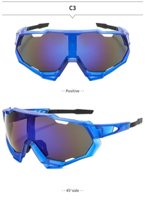 Blue cycling sunglasses with colorful polarized lenses and streamlined windproof frame
