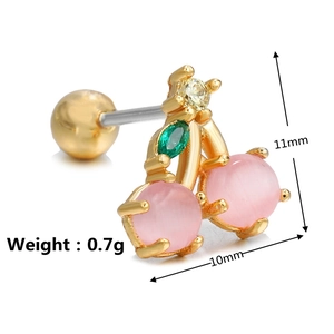 Detailed view of cherry-shaped helix stud with pink gemstones and green leaf zircon