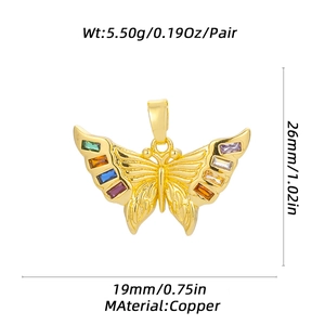 Detailed butterfly pendant dimensions 26x19mm in gold copper with multi-colored gems