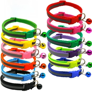 Detailed set of 12 colorful reflective nylon pet collars with bells and plastic buckles