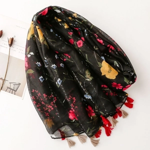 Vintage floral cotton linen scarf with sequins, colorful flower print and handmade tassels